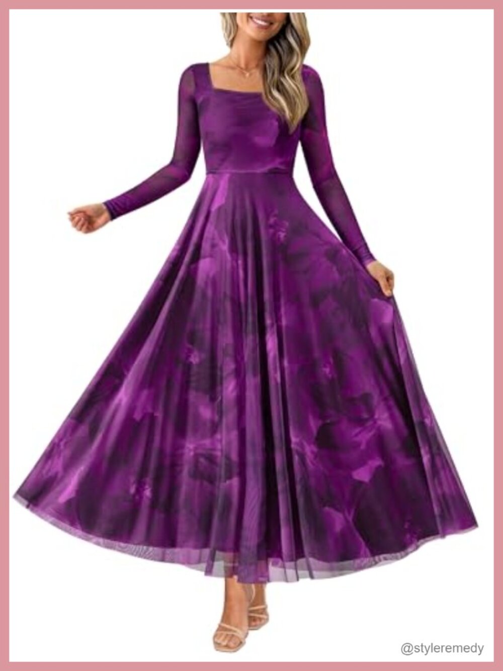 Womens Floral Boho Maxi Dress Long Sleeve Square Neck A-Line Wedding Guest
